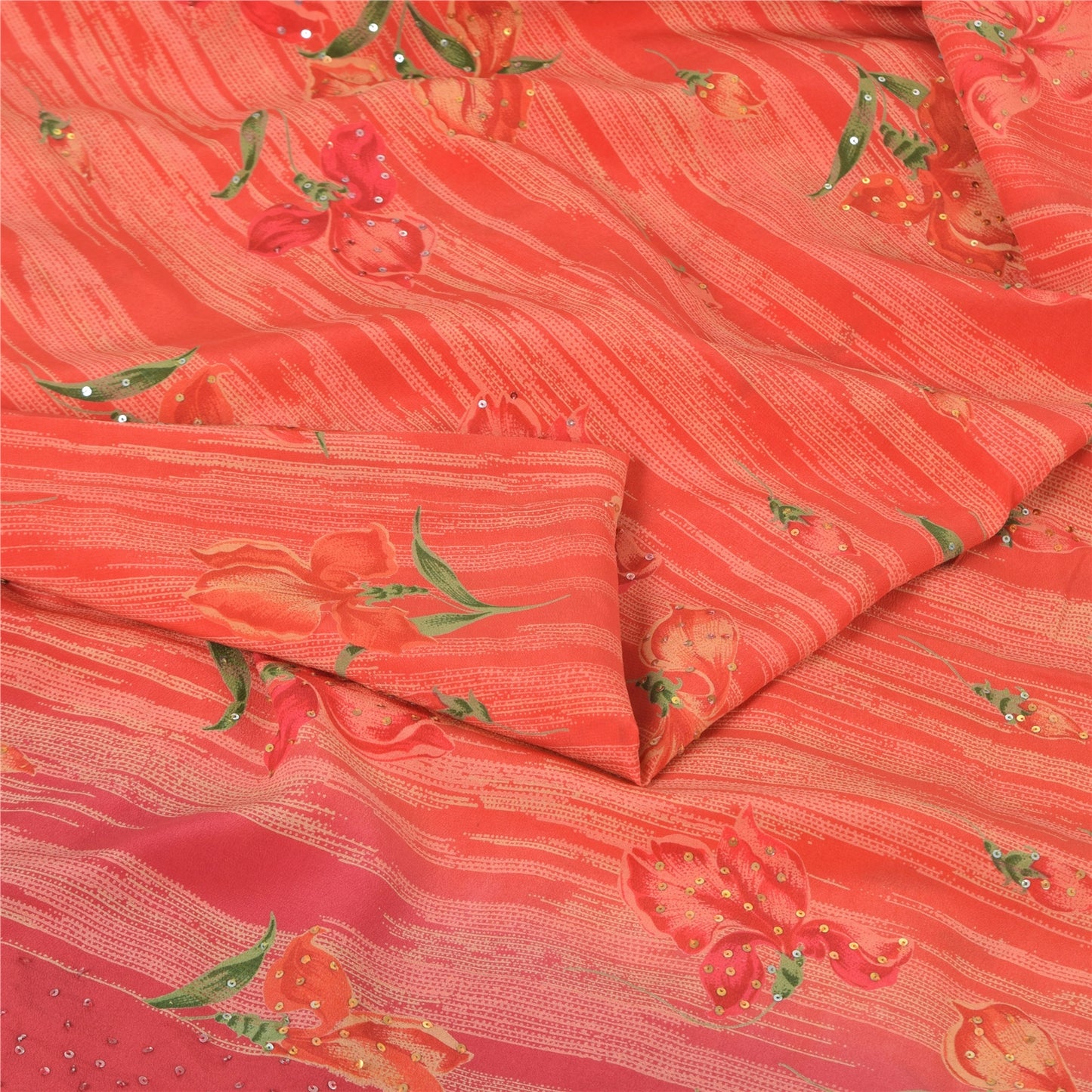 Sanskriti Vintage Sarees Red Embroidered Pure Crepe Print Sari 5yd Craft Fabric