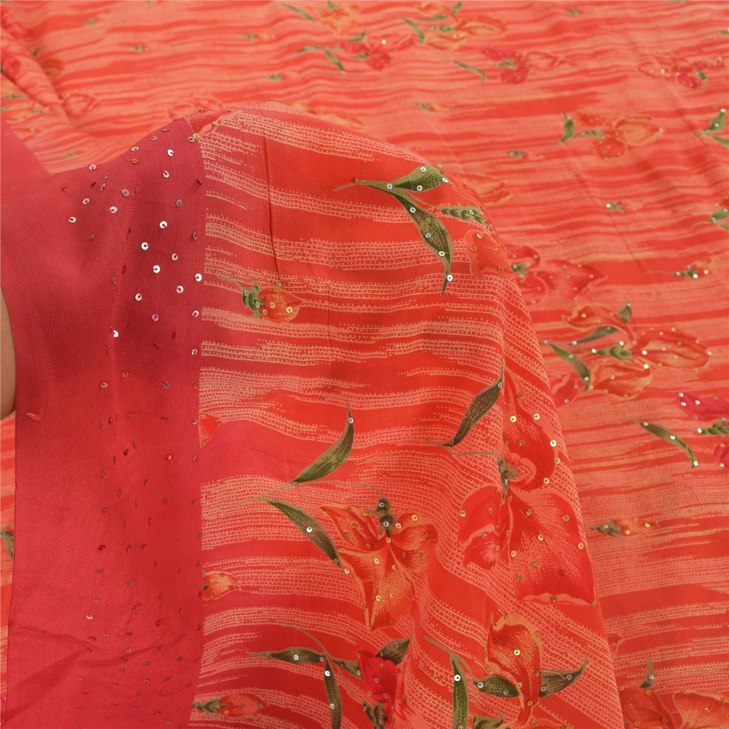 Sanskriti Vintage Sarees Red Embroidered Pure Crepe Print Sari 5yd Craft Fabric