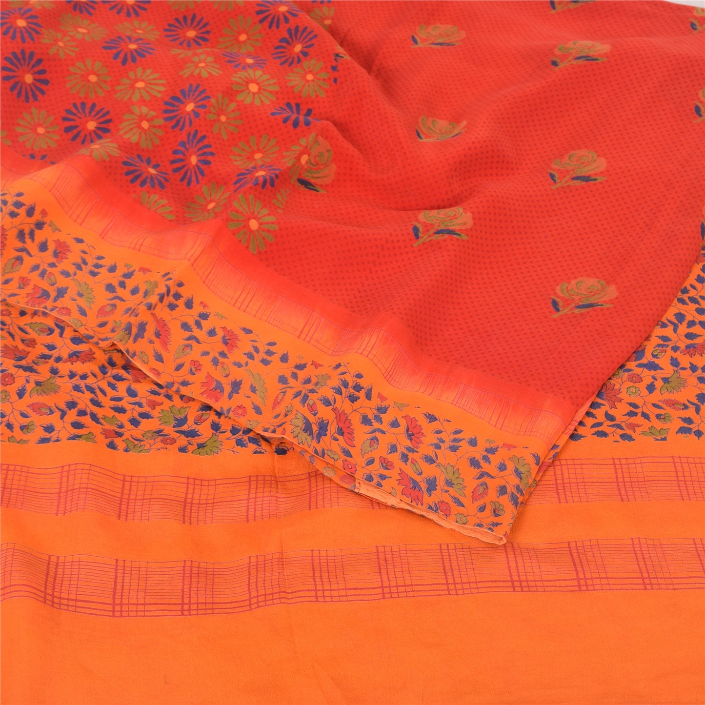 Sanskriti Vintage Sarees Red 100% Pure Crepe Silk Printed Sari 5yd Craft Fabric