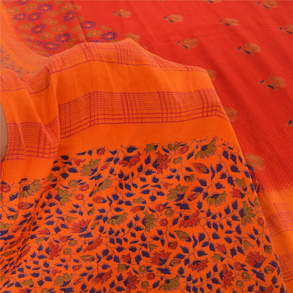 Sanskriti Vintage Sarees Red 100% Pure Crepe Silk Printed Sari 5yd Craft Fabric