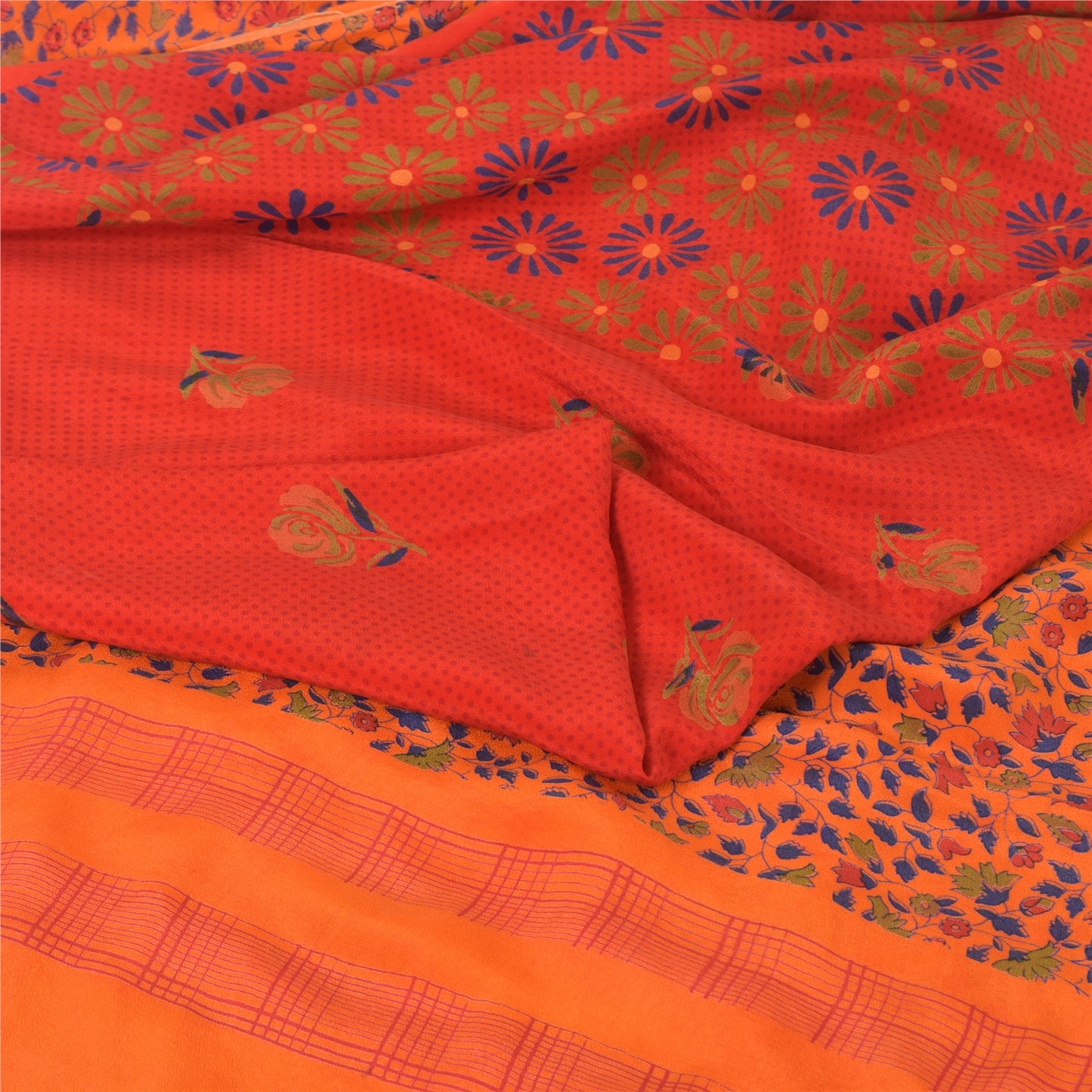 Sanskriti Vintage Sarees Red 100% Pure Crepe Silk Printed Sari 5yd Craft Fabric