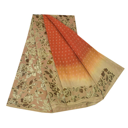 Sanskriti Vintage Sarees Orange Pure Crepe Silk Printed Sari 5yd Craft Fabric