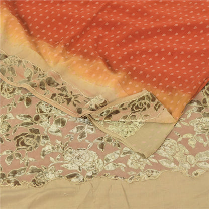 Sanskriti Vintage Sarees Orange Pure Crepe Silk Printed Sari 5yd Craft Fabric