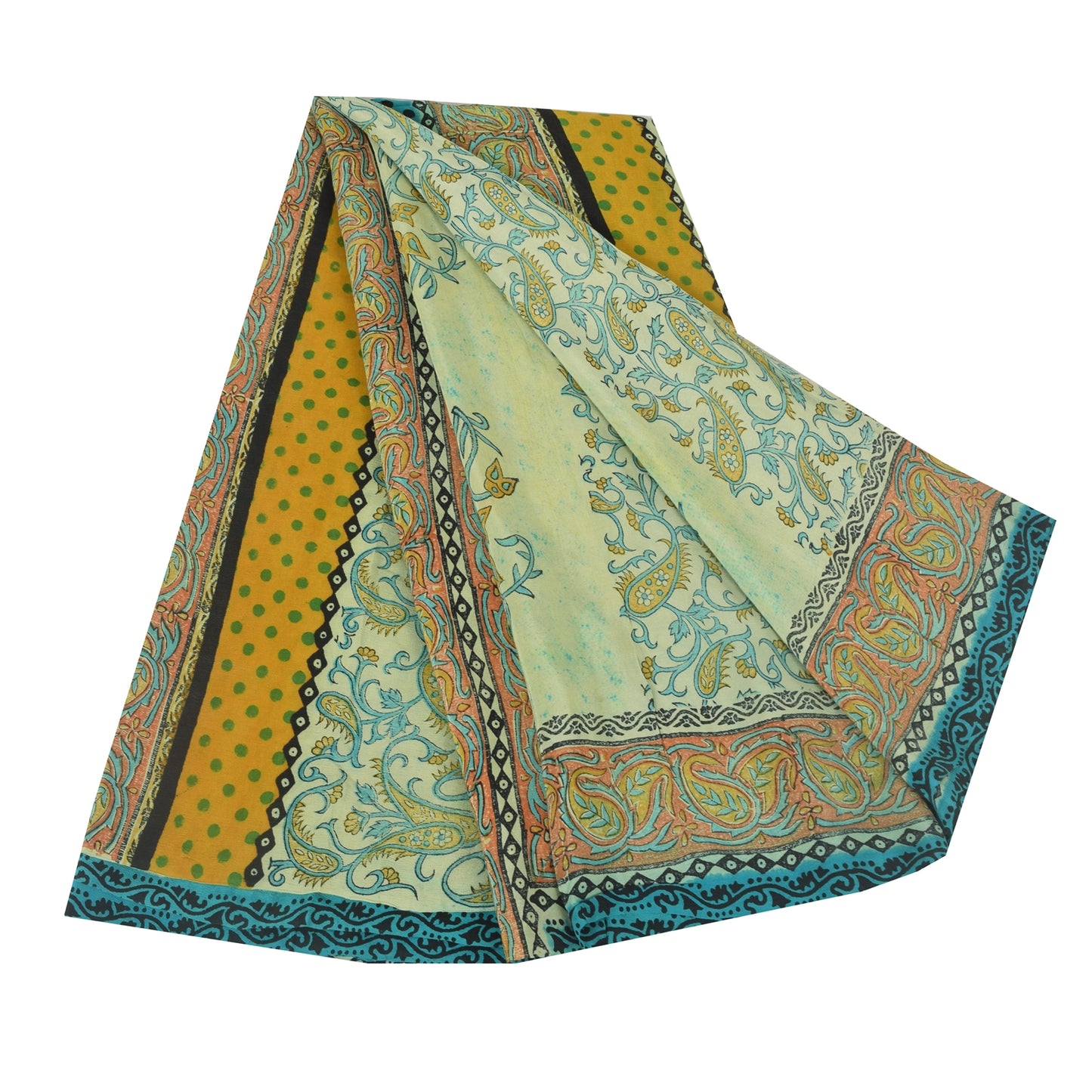 Sanskriti Vintage Sarees Pastel-Green Pure Crepe Printed Sari 6yd Craft Fabric