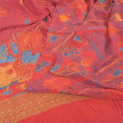 Sanskriti Vintage Sarees Red Pure Crepe Silk Embroidered Printed Sari 5yd Fabric