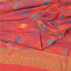 Sanskriti Vintage Sarees Red Pure Crepe Silk Embroidered Printed Sari 5yd Fabric