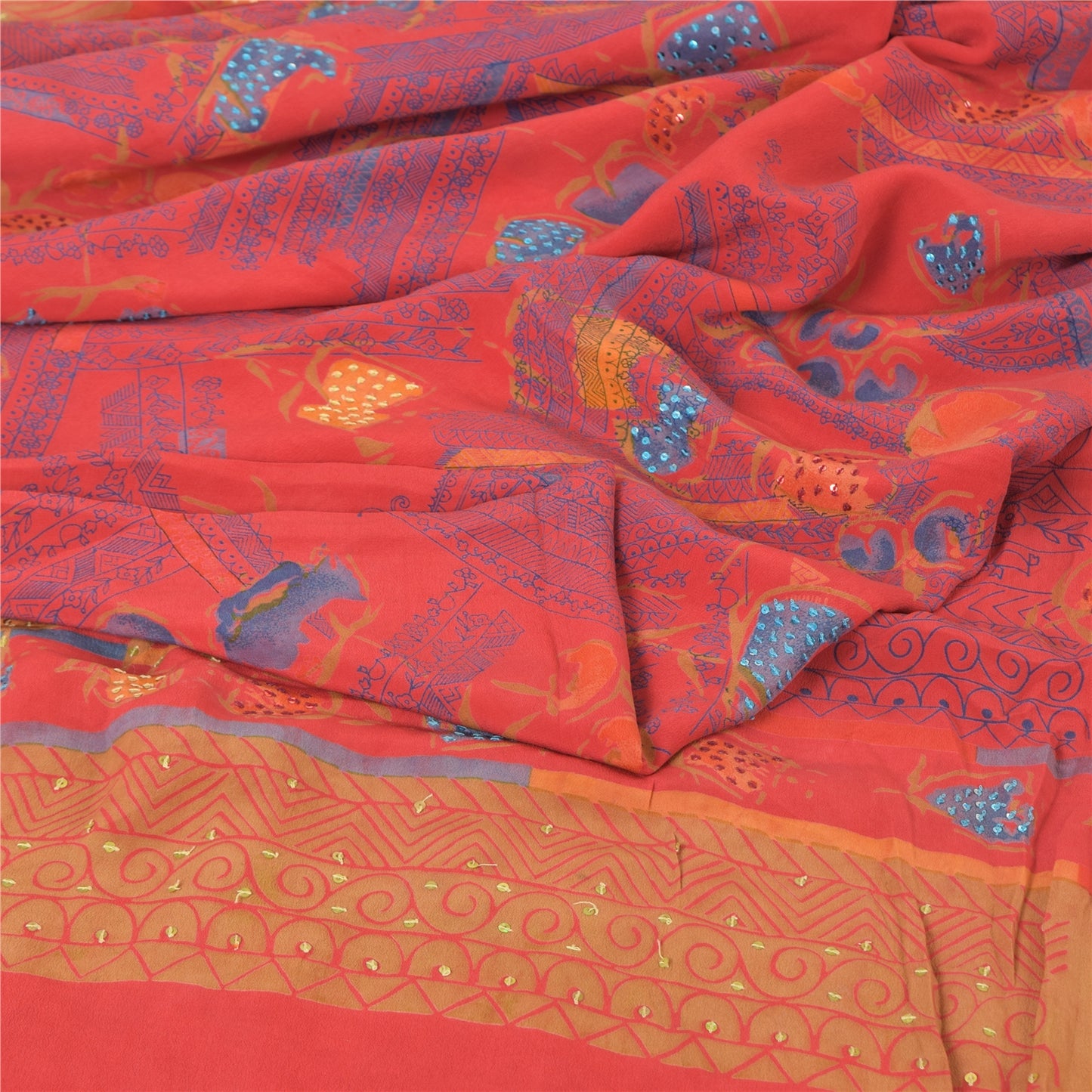 Sanskriti Vintage Sarees Red Pure Crepe Silk Embroidered Printed Sari 5yd Fabric