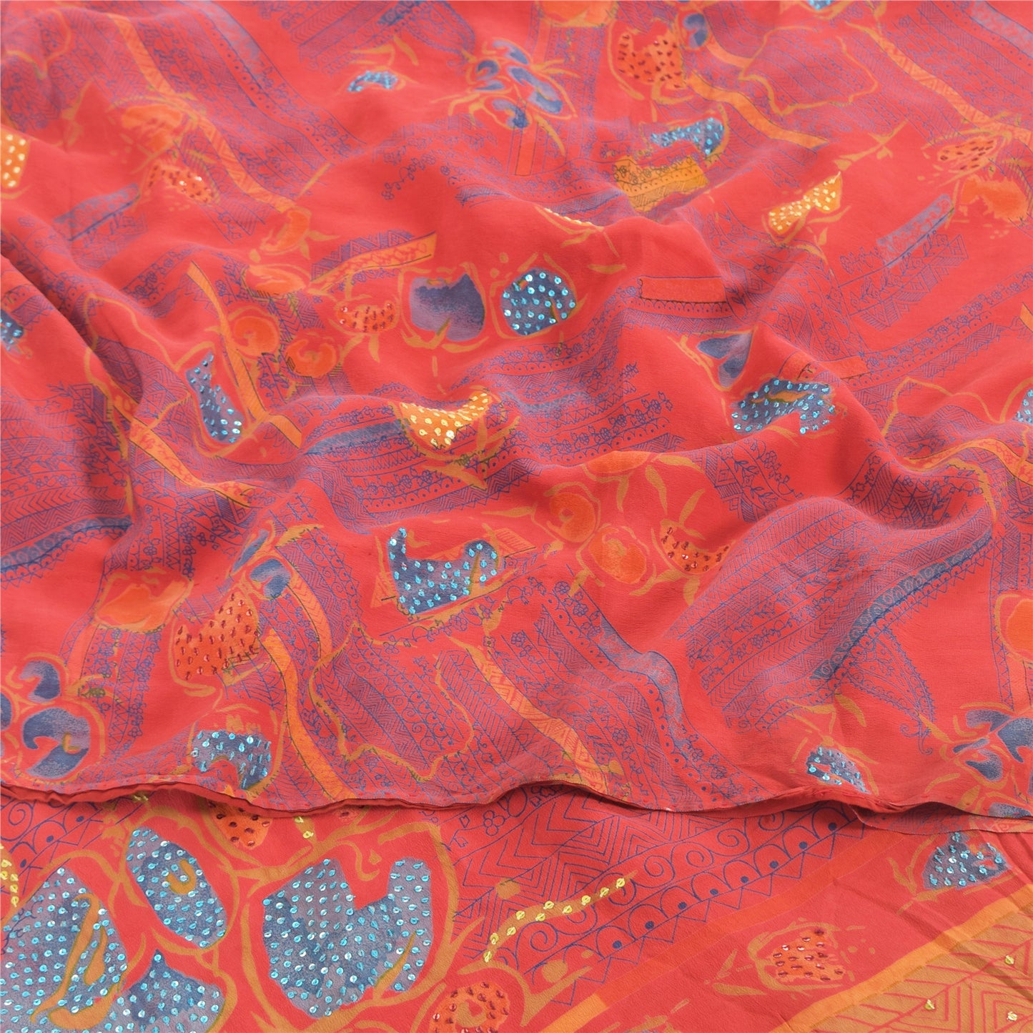 Sanskriti Vintage Sarees Red Pure Crepe Silk Embroidered Printed Sari 5yd Fabric