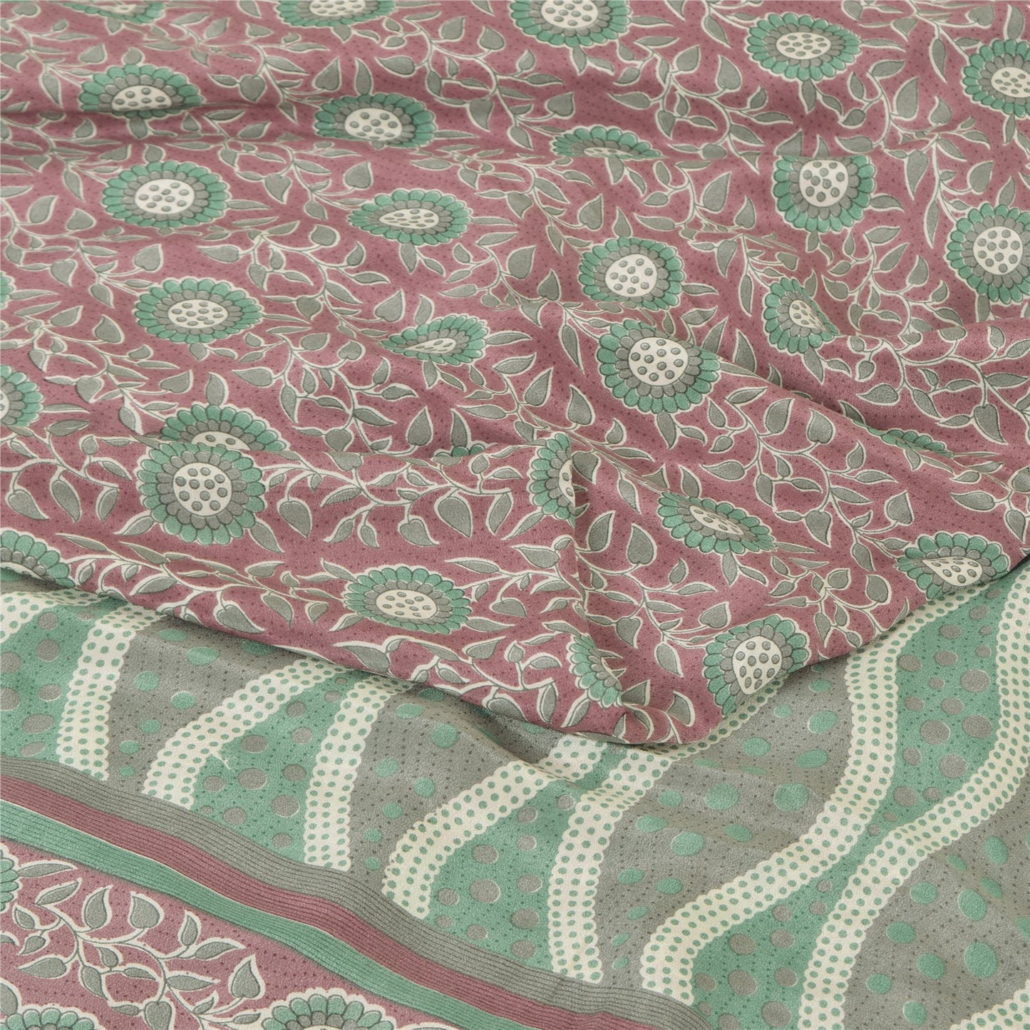 Sanskriti Vintage Sarees Dusty Red/Green Pure Crepe Silk Printed Sari 6yd Fabric