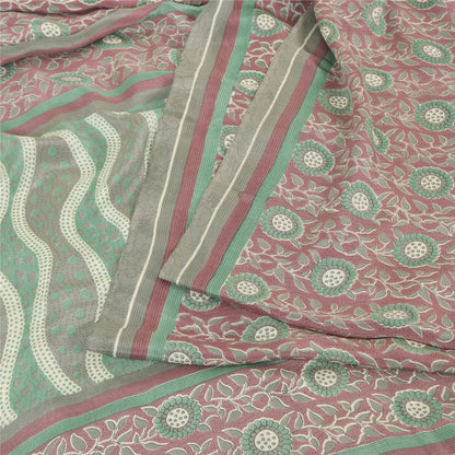 Sanskriti Vintage Sarees Dusty Red/Green Pure Crepe Silk Printed Sari 6yd Fabric