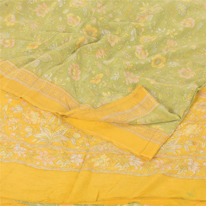 Sanskriti Vintage Sarees Green/Yellow Pure Crepe Silk Printed Sari Craft Fabric