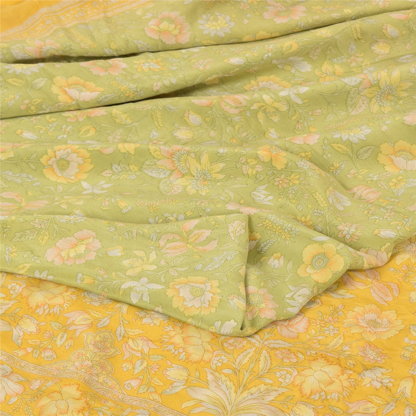 Sanskriti Vintage Sarees Green/Yellow Pure Crepe Silk Printed Sari Craft Fabric