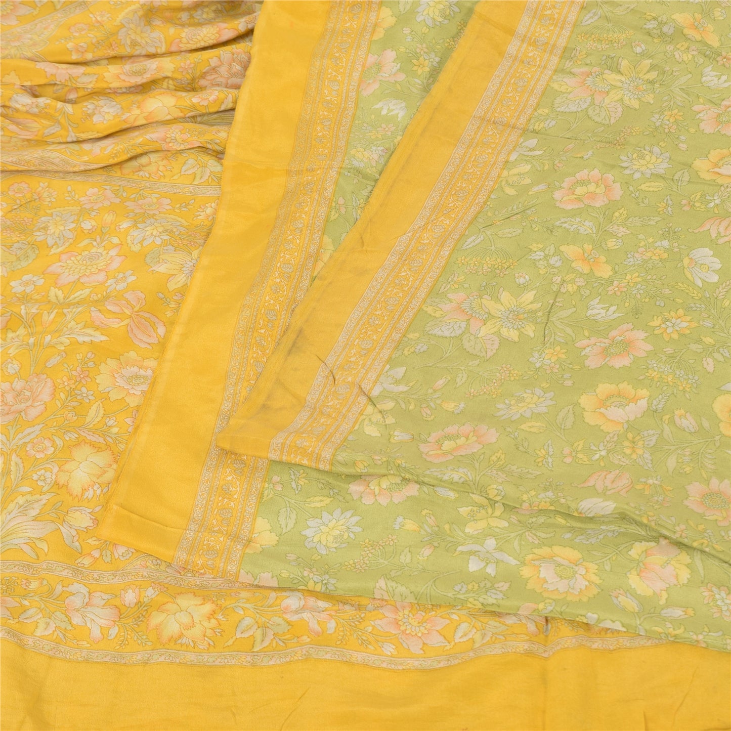 Sanskriti Vintage Sarees Green/Yellow Pure Crepe Silk Printed Sari Craft Fabric