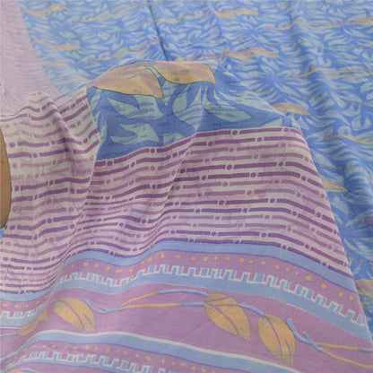 Sanskriti Vintage Sarees Blue/Pink Pure Crepe Silk Printed Sari 5yd Craft Fabric