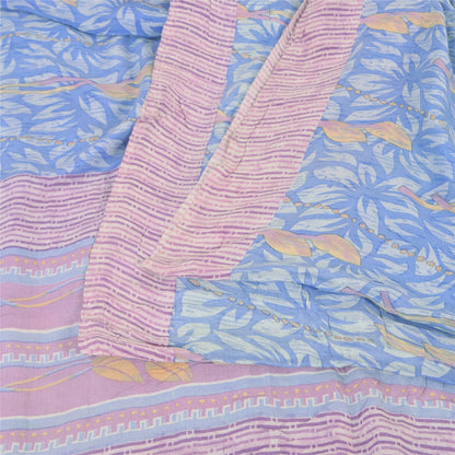 Sanskriti Vintage Sarees Blue/Pink Pure Crepe Silk Printed Sari 5yd Craft Fabric