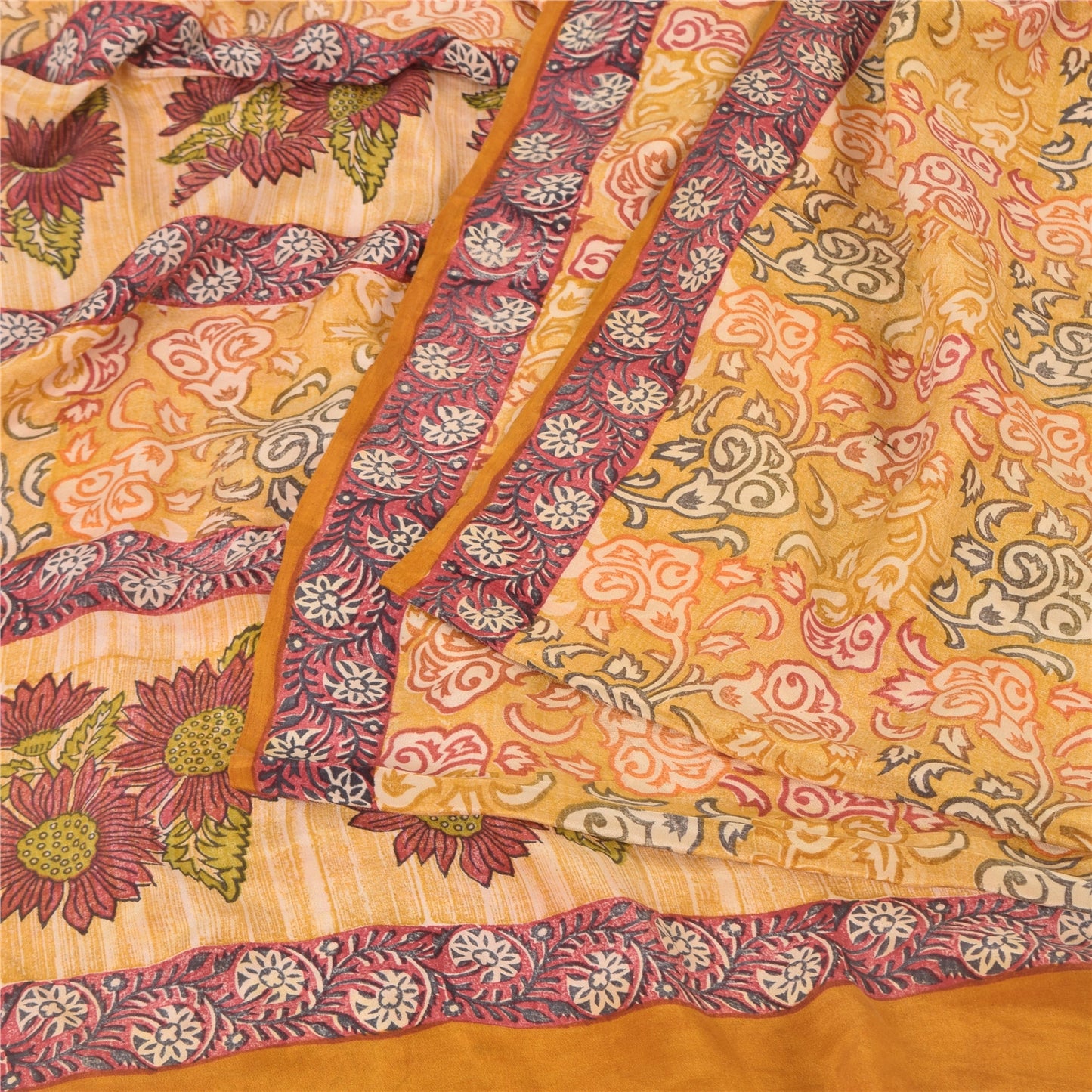 Sanskriti Vintage Sarees Saffron Pure Crepe Silk Printed Sari 5yd Craft Fabric