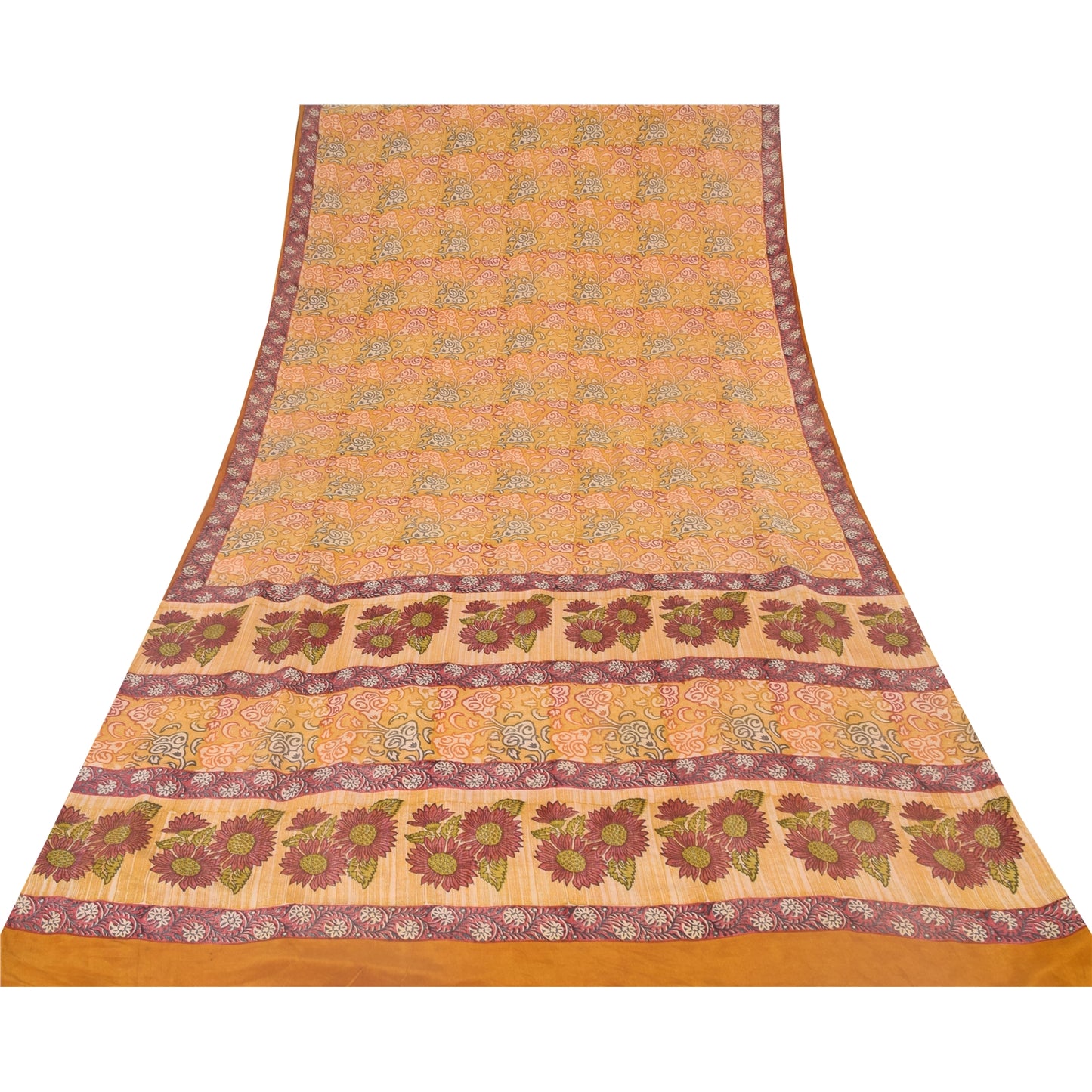 Sanskriti Vintage Sarees Saffron Pure Crepe Silk Printed Sari 5yd Craft Fabric