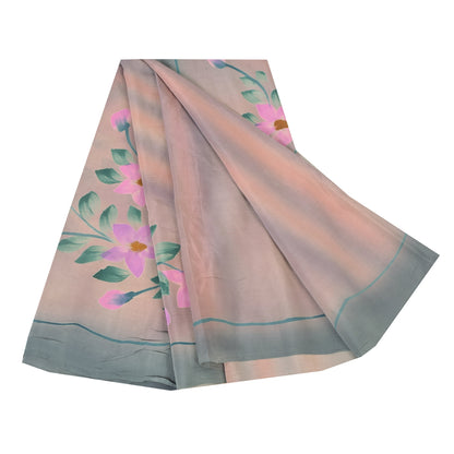 Sanskriti Vintage Sarees Ligh tPink Pure Crepe Silk Print Sari 5yd Craft Fabric