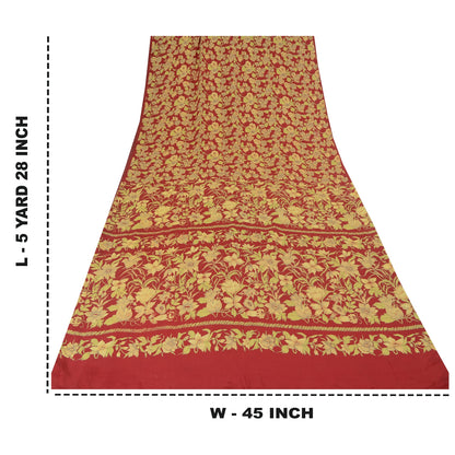 Sanskriti Vintage Sarees Red 100% Pure Crepe Silk Printed Sari 5yd Craft Fabric