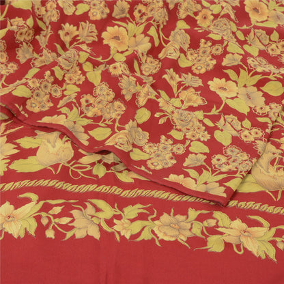 Sanskriti Vintage Sarees Red 100% Pure Crepe Silk Printed Sari 5yd Craft Fabric