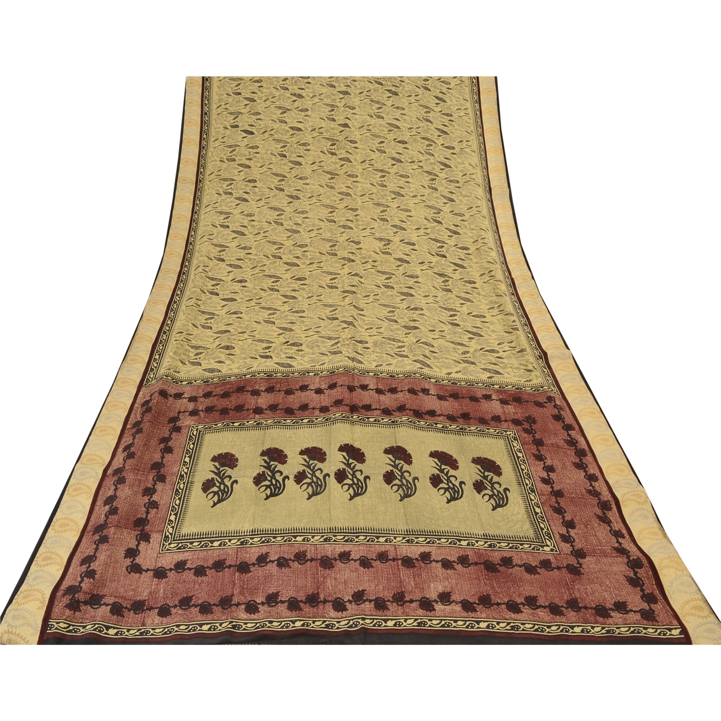 Sanskriti Vintage Sarees Beige Pure Crepe Silk Printed Sari 7yd Craft Fabric