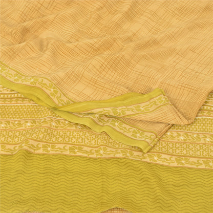 Sanskriti Vintage Sarees Green/Brown Pure Crepe Silk Print Sari 5yd Craft Fabric