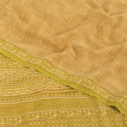 Sanskriti Vintage Sarees Green/Brown Pure Crepe Silk Print Sari 5yd Craft Fabric