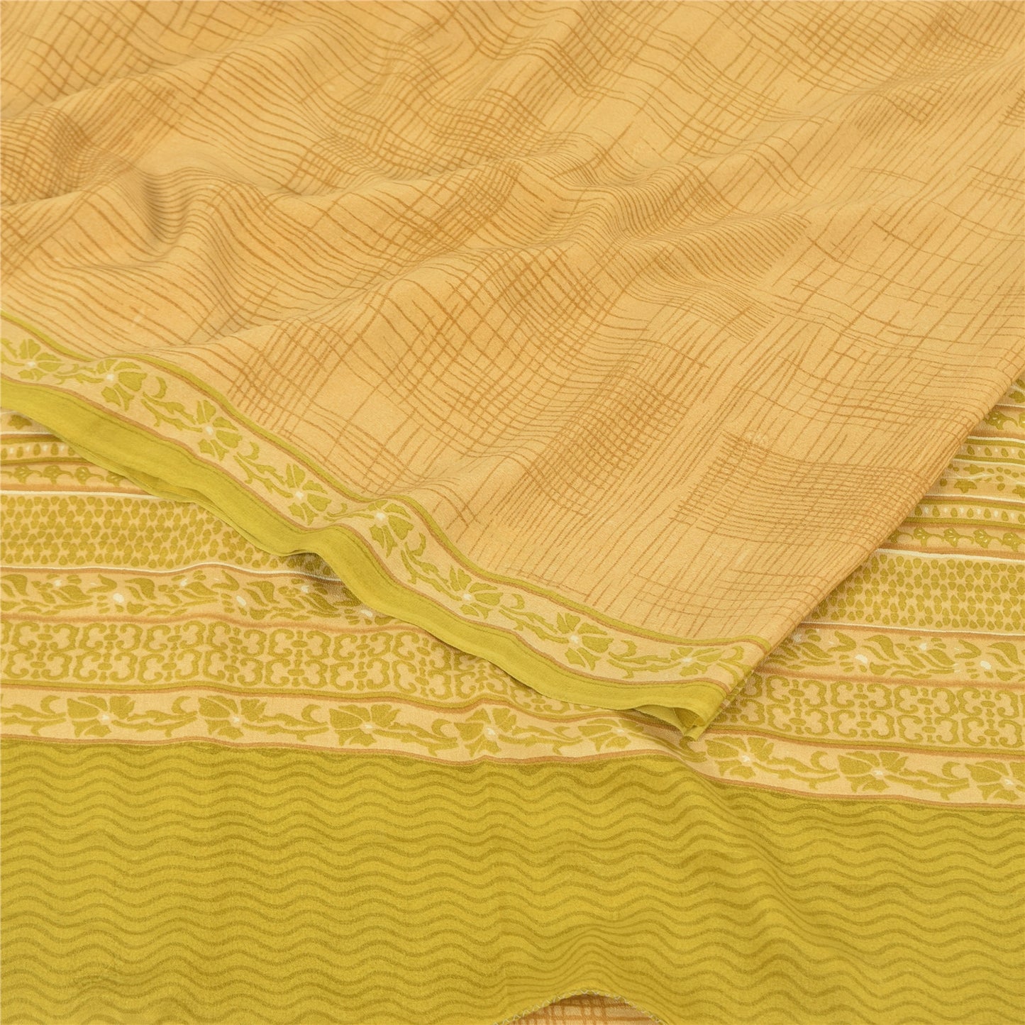 Sanskriti Vintage Sarees Green/Brown Pure Crepe Silk Print Sari 5yd Craft Fabric