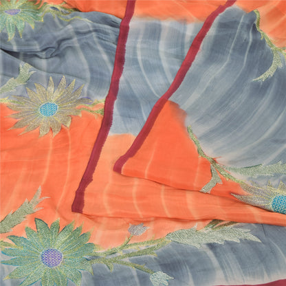 Sanskriti Vintage Sarees Gray/Orange Embroidery Pure Crepe Sari 5yd Craft Fabric