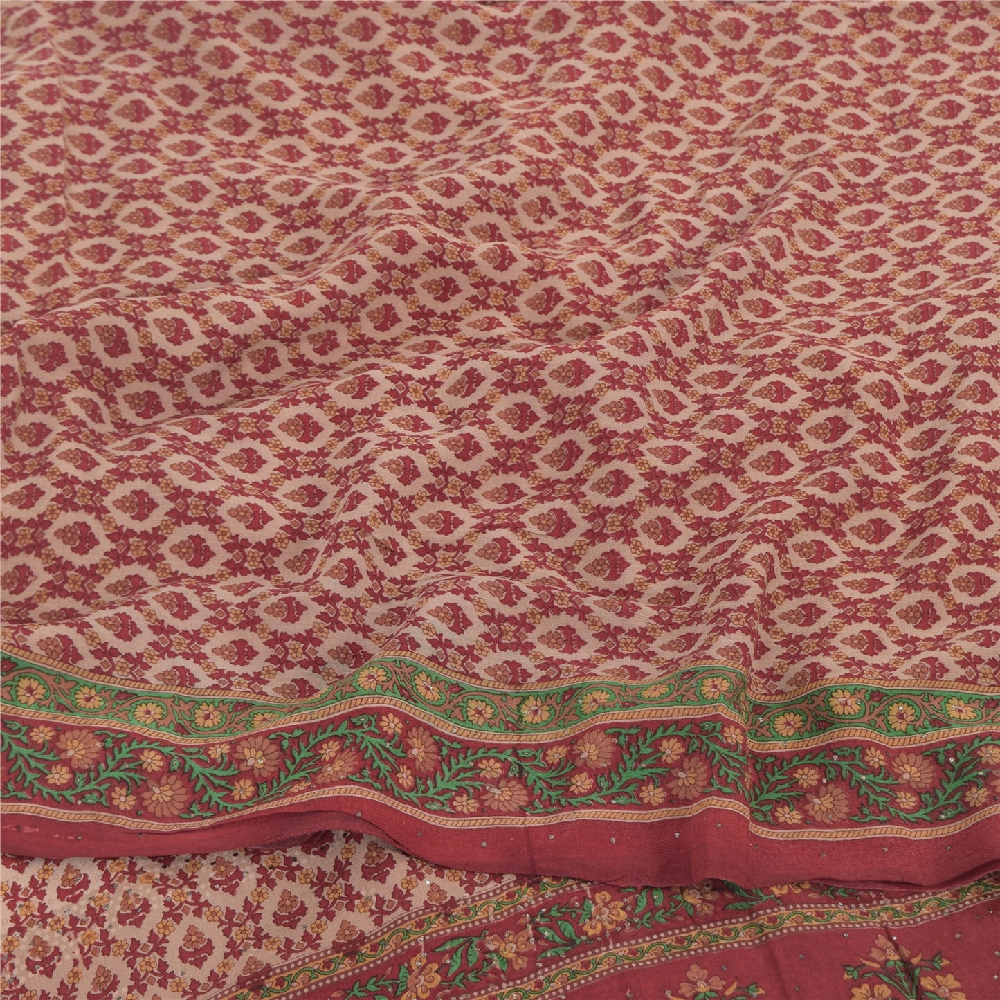 Sanskriti Vintage Sarees Dusty Pink Pure Crepe Silk Print Sari 5yd Craft Fabric