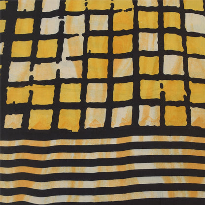 Sanskriti Vintage Sarees Yellow/Black Pure Crepe Printed Sari 5yd Craft Fabric