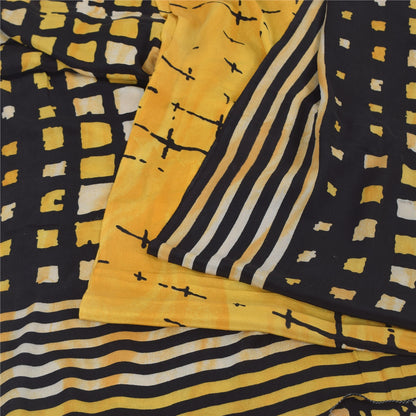 Sanskriti Vintage Sarees Yellow/Black Pure Crepe Printed Sari 5yd Craft Fabric