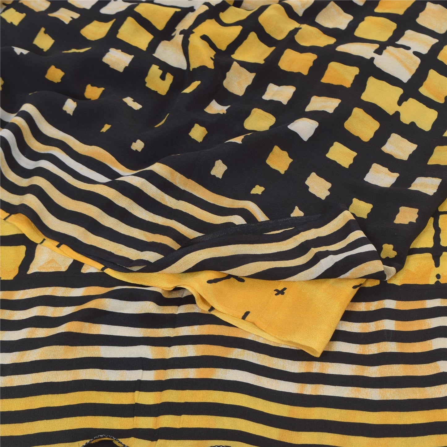 Sanskriti Vintage Sarees Yellow/Black Pure Crepe Printed Sari 5yd Craft Fabric