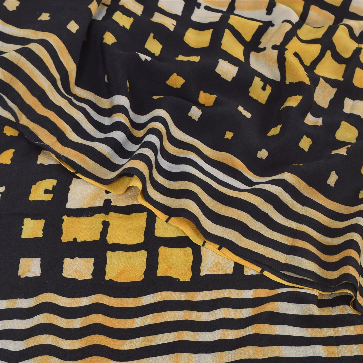 Sanskriti Vintage Sarees Yellow/Black Pure Crepe Printed Sari 5yd Craft Fabric