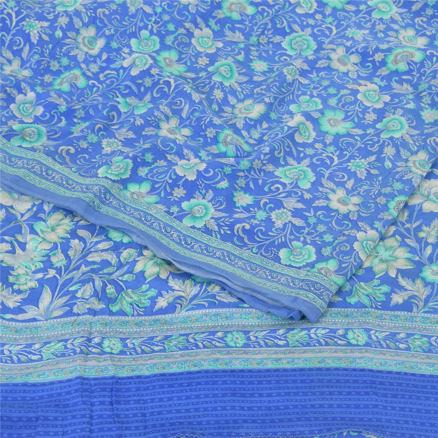 Sanskriti Vintage Sarees Blue Blend Crepe Printed Sari Floral Soft Craft Fabric