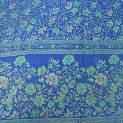 Sanskriti Vintage Sarees Blue Blend Crepe Printed Sari Floral Soft Craft Fabric