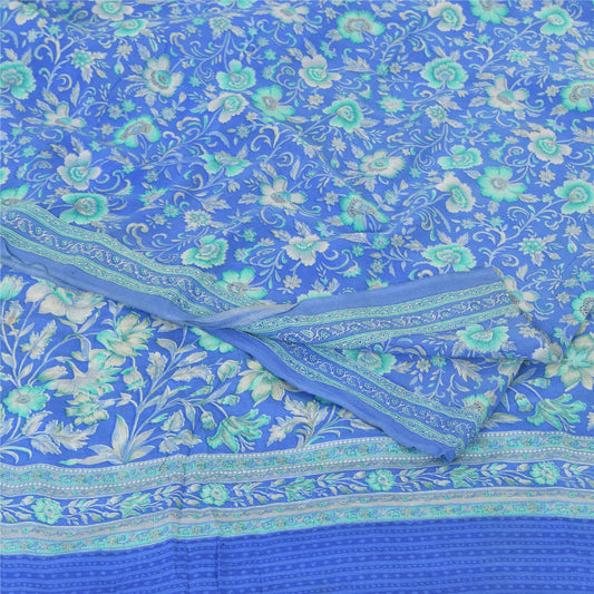 Sanskriti Vintage Sarees Blue Blend Crepe Printed Sari Floral Soft Craft Fabric