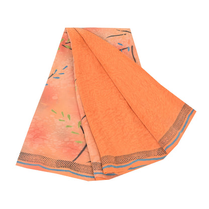 Sanskriti Vintage Sarees Peach/Orange Pure Crepe Silk Printed Sari Craft Fabric