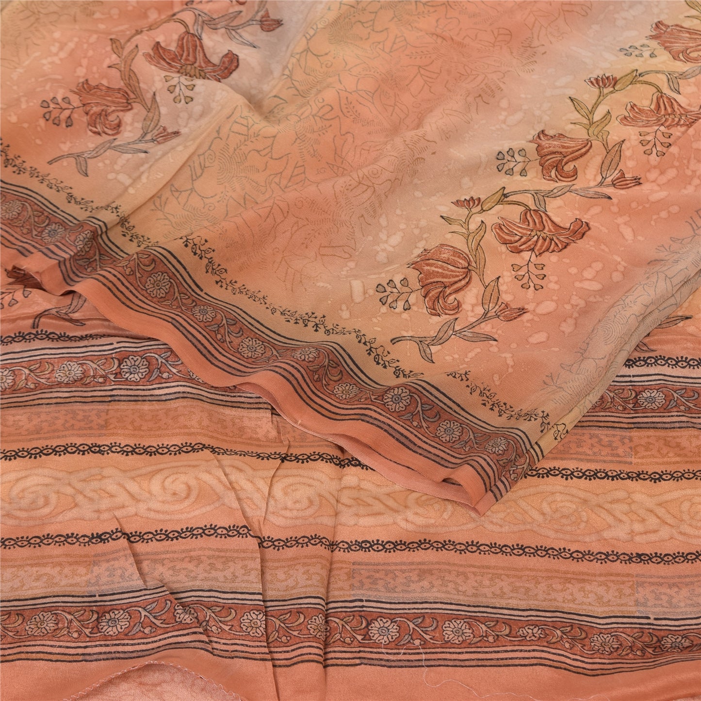 Sanskriti Vintage Sarees Peach Pure Crepe Silk Printed Sari Floral Craft Fabric