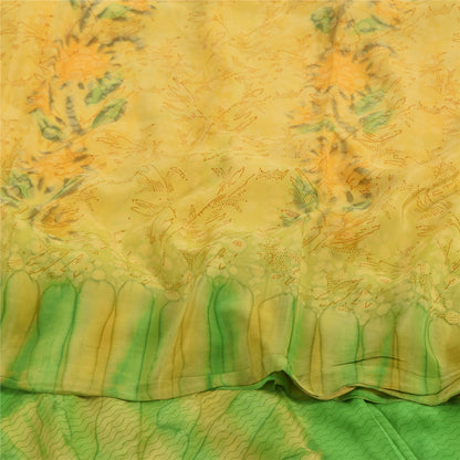 Sanskriti Vintage Sarees Yellow/Green Pure Crepe Silk Printed Sari Craft Fabric