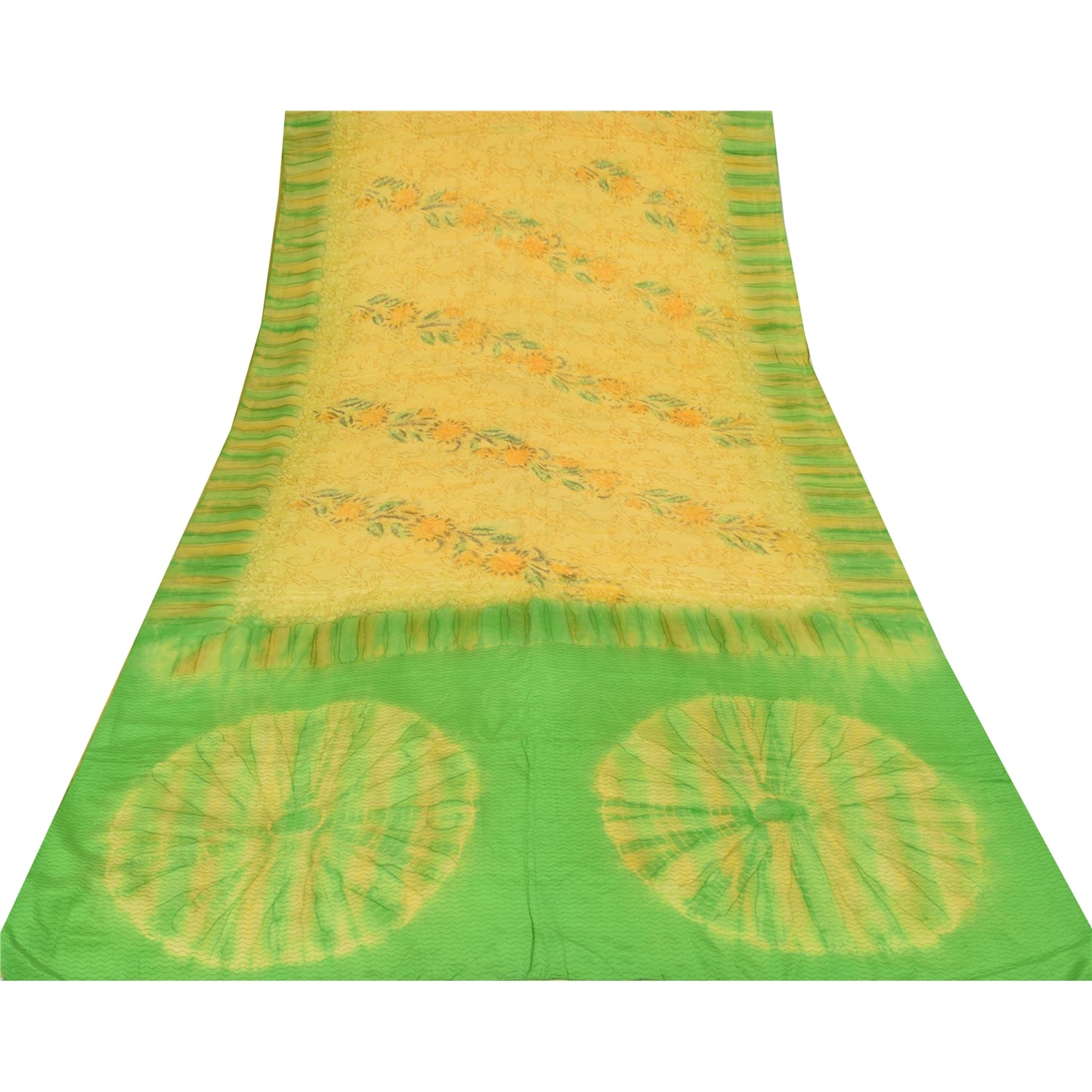 Sanskriti Vintage Sarees Yellow/Green Pure Crepe Silk Printed Sari Craft Fabric