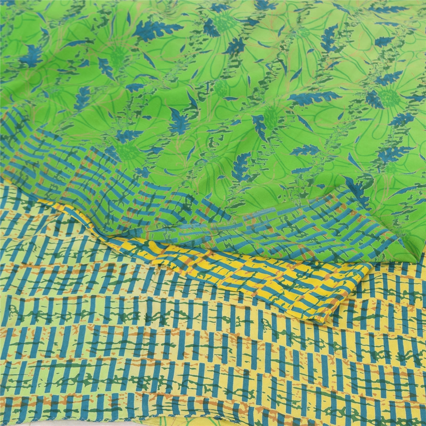 Sanskriti Vintage Sarees Yellow/Green Pure Crepe Silk Printed Sari Craft Fabric