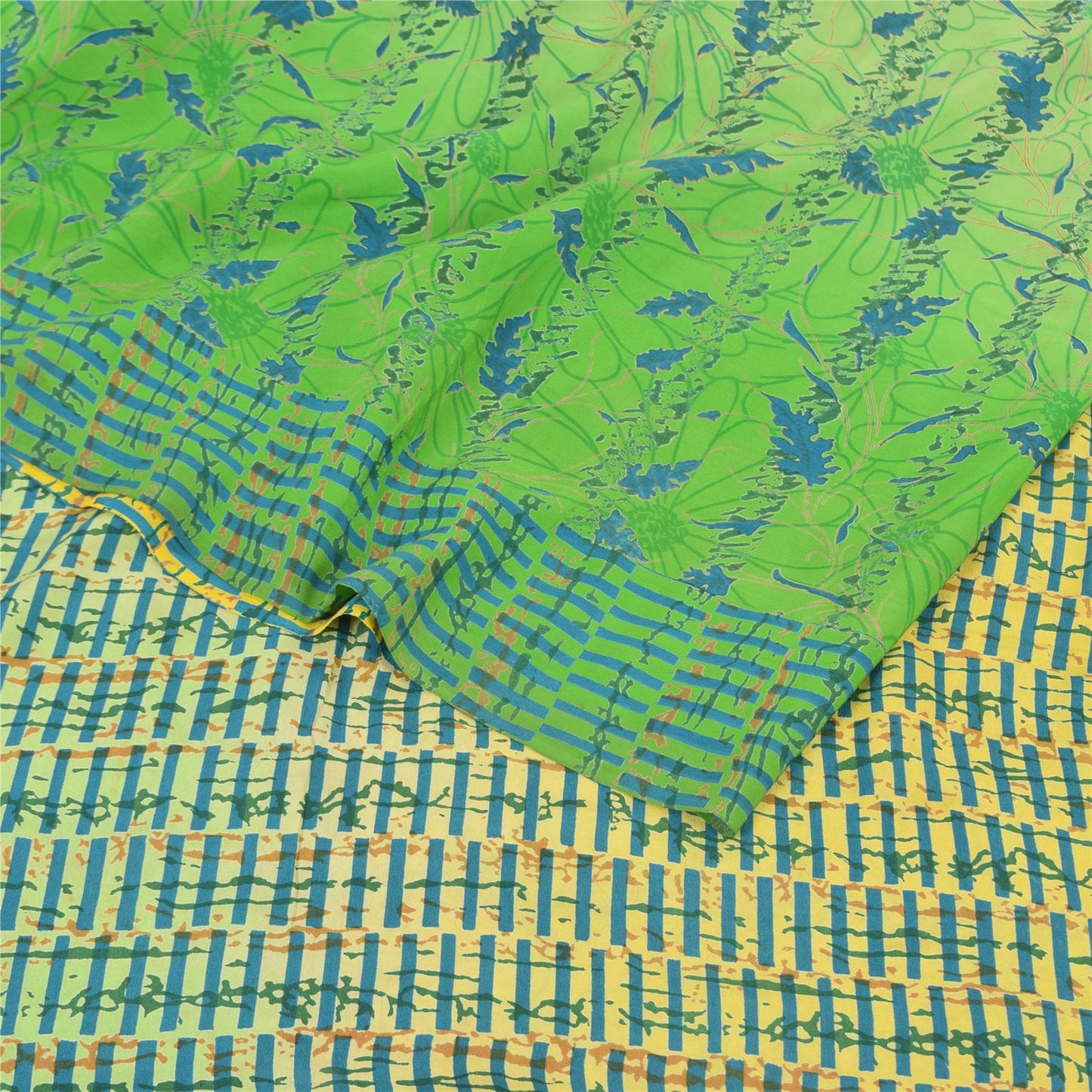 Sanskriti Vintage Sarees Yellow/Green Pure Crepe Silk Printed Sari Craft Fabric