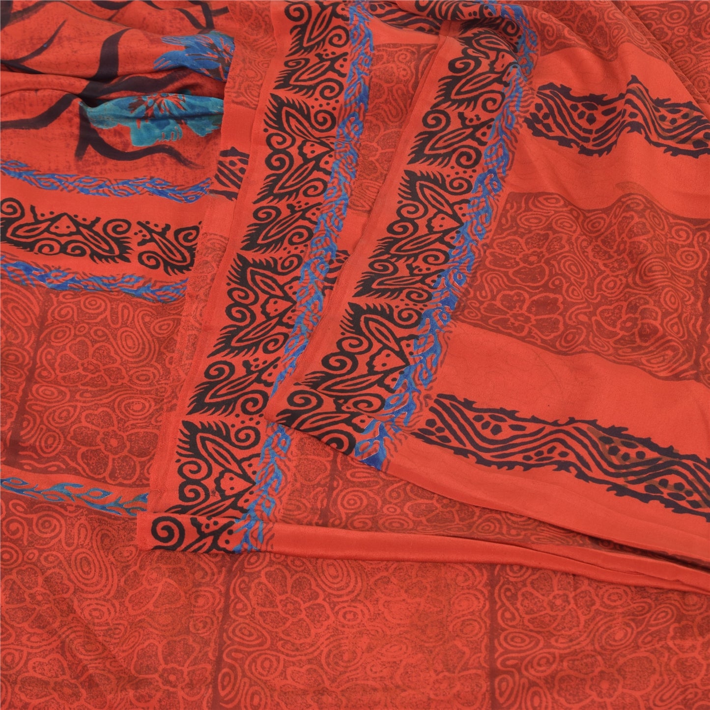 Sanskriti Vintage Sarees Reddish-Orange Pure Crepe Silk Printed Sari 5yd Fabric