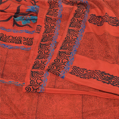 Sanskriti Vintage Sarees Reddish-Orange Pure Crepe Silk Printed Sari 5yd Fabric