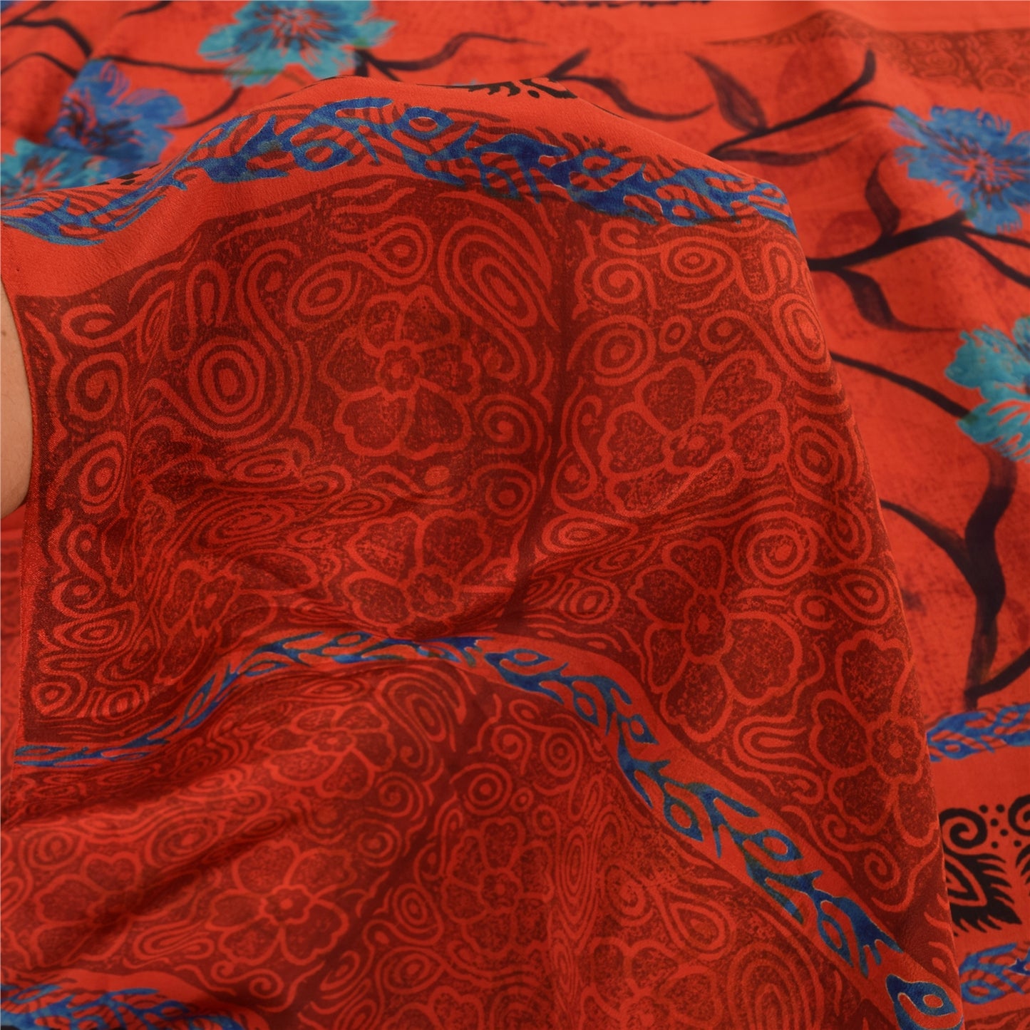 Sanskriti Vintage Sarees Reddish-Orange Pure Crepe Silk Printed Sari 5yd Fabric