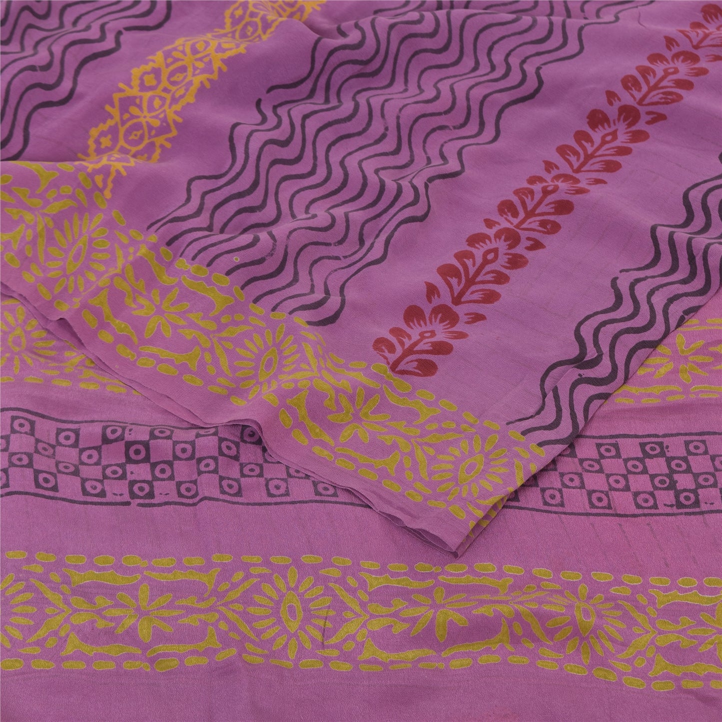 Sanskriti Vintage Sarees Purple Pure Crepe Silk Printed Sari 5yd Craft Fabric