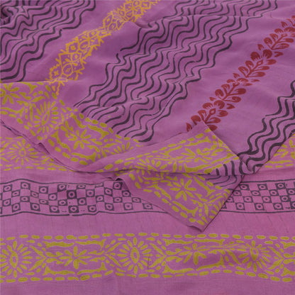 Sanskriti Vintage Sarees Purple Pure Crepe Silk Printed Sari 5yd Craft Fabric