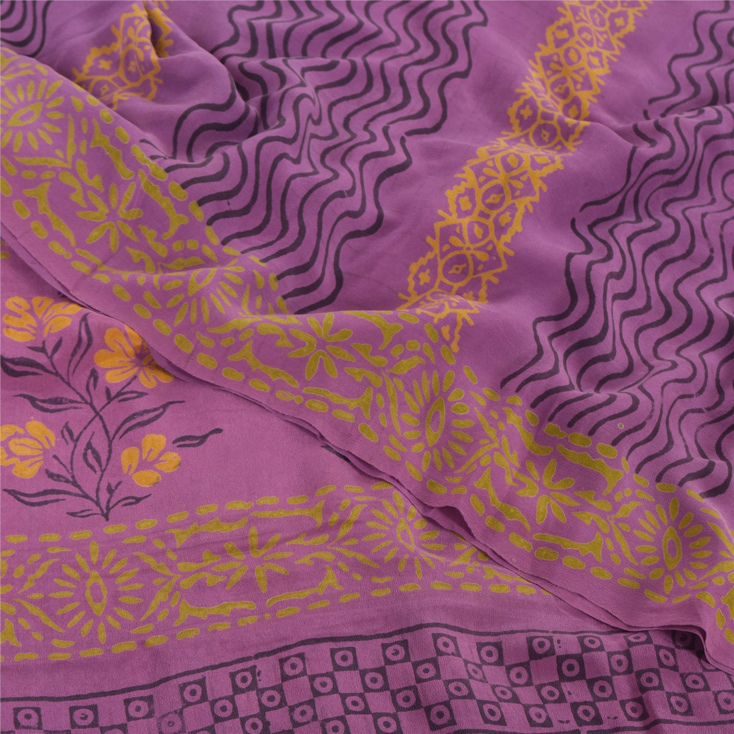 Sanskriti Vintage Sarees Purple Pure Crepe Silk Printed Sari 5yd Craft Fabric