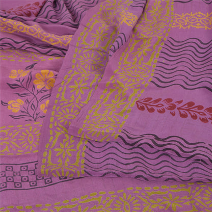 Sanskriti Vintage Sarees Purple Pure Crepe Silk Printed Sari 5yd Craft Fabric